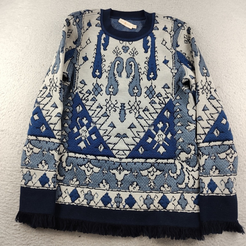 Blue Patterned Fringe Hem Sweater